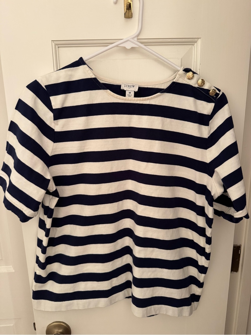 J. Crew Navy and White Striped Short Sleeve Top with Gold Buttons